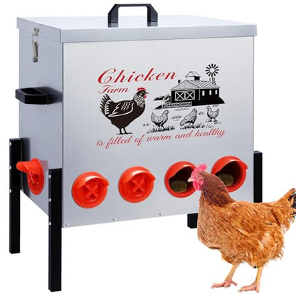 100LB Large Automatic Chicken Feeder–10 Feeding Ports No-Waste Galvanized Metal Chicken Feeder Box with Adjustable Legs & Locking Lid Poultry Feeder for Chickens,Ducks,Geese,Rust-Resistant - size: 100LB