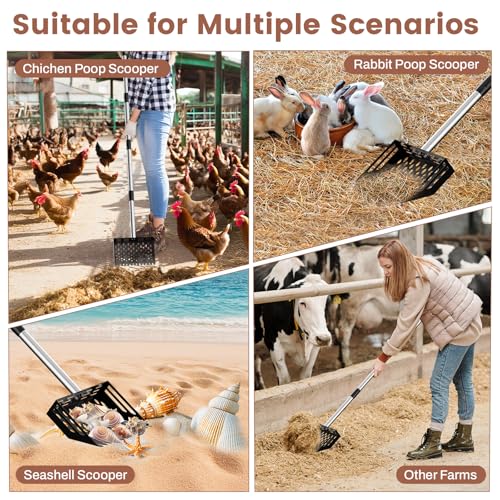 2-in-1 Chicken Poop Scooper & Rake,10" Wide Metal Sand Sifting Shovel with Grip,Chicken Pooper Scooper for Poop Shavings,Litter Scooper for Chicken Coop Accessories,Adjustable Handle (24" to 66")