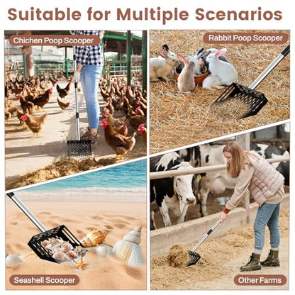 2-in-1 Chicken Poop Scooper & Rake,10" Wide Metal Sand Sifting Shovel with Grip,Chicken Pooper Scooper for Poop Shavings,Litter Scooper for Chicken Coop Accessories,Adjustable Handle (24" to 66")