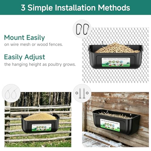 Chicken Feeder Trough, Hanging Fence Feed Trough for Livestock Poultry, Chicken Feeder Waterer Bucket for Goat Sheep Deer Poultry Duck Gooses（ 2 * 2.7 Quart ） - color: Black