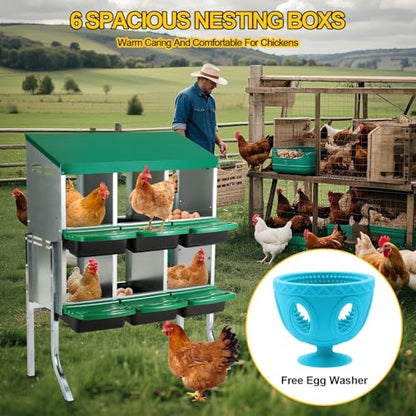 Chicken Nesting Box, 6 Hole Metal Nesting Boxes for Chickens with Roll Away Egg Collection, 2 Tier Chicken Laying Box, Removable Trays & Swing Perch for Backyard Coop and Laying Hens - size: 6 Holes with Legs