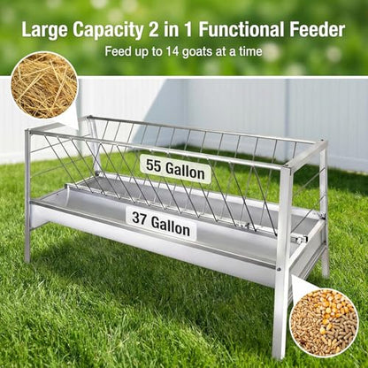 Dual-Functional Hay Feeder for Goats Up to Feed 14 Livestocks, 92 Gallon Heavy-Duty Goat Feeders with Sturdy Frame and Material, Horse Sheep Goat Mineral Feeder Lasting-Use in Outdoors&Farms