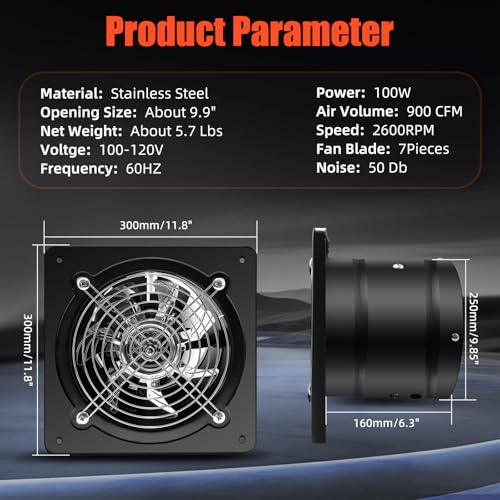 10 Inch Exhaust Fan with Speed Controller, 900CFM Wall Mount Exhaust Fan for Kitchen, Metal Ventilation Extractor Fan with Damper for Bathroom, Garage, Attic, Shop, Pet Room, Smoking Room, Basement - size: 10 Inch
