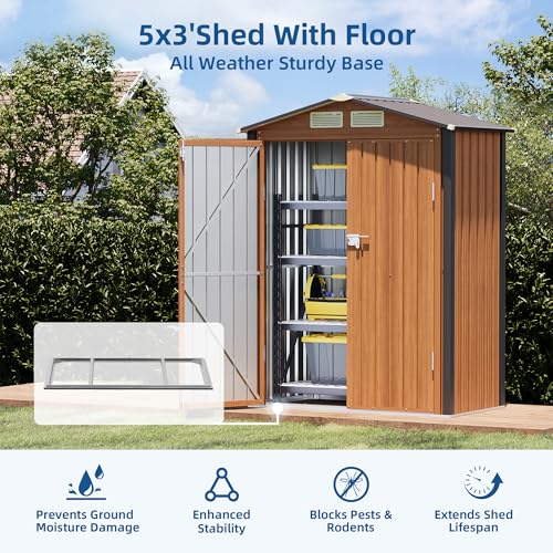 5x3FT Outdoor Storage Shed, Metal Garden Shed with Floor Base, Updated Frame Structure & Lockable Doors, Large Tool Shed for Backyard, Patio,Lawn,Utility & Bike Storage - size: 5x3 FT with Base