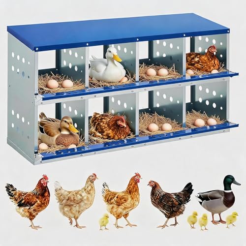 Chicken Nesting Box, 8 Compartment Nesting Boxes for Chickens, Durable Galvanized Steel, Ventilated with Dot Holes, Non-Slip, Wall Mountable Nesting Boxes for Chicken, Partitioned Design, Blue - size: 8 Compartment