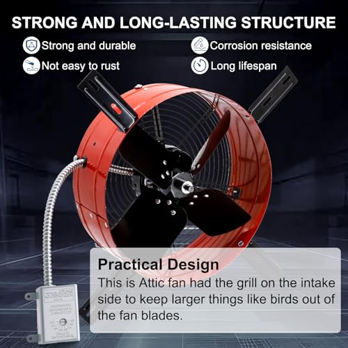 Criditpid 15" Gable Mount Vent Attic Fan, Exhaust Ventilation Fan with Adjustable Thermostat for Gable, Home, Shed, Garage, Portable Building, 3.4A, 1300CFM, 1075RPM, 1850 Sq.Ft Coverage Area, Red. - color: 1300CFM