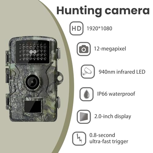 Camera with Night Vision IP66 Waterproof, 1080P 0.8S Trigger Motion Activated Trail Cameras for Outdoor Scouting Wildlife Monitoring, Black