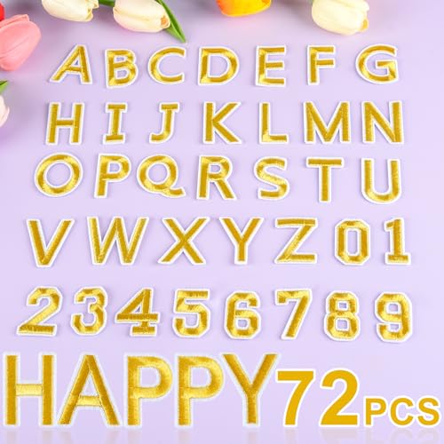 ASTARON 72 Pcs Iron on Letters and Numbers Patches, 1.5 Inch Letters A-Z Numbers 0-9 Embroidered Applique Patches Alphabet Cloth Patch for Clothes, Bags, Socks, Jeans, Hat, DIY Accessories(Gold) - color: Gold