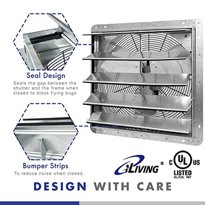 iLIVING 20" Wall Mounted Shutter Exhaust Fan, Automatic Shutter, with Thermostat and Variable Speed controller, 2.2A, 3368 CFM, 5000 SQF Coverage Area Silver (ILG8SF20V-ST) - size: 20 Inches