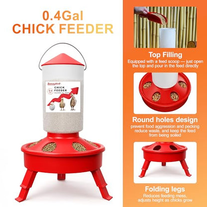 2-in-1 Chick Starter Set: 0.4 Gal Top Filling Feeder and 0.4 Gal Waterer with Adjustable Legs for Baby Chicks, Includes Scoop, Hanging Hooks, Anti-Drown Design (Red) - size: 0.4Gal Feeder & 0.4Gal Waterer