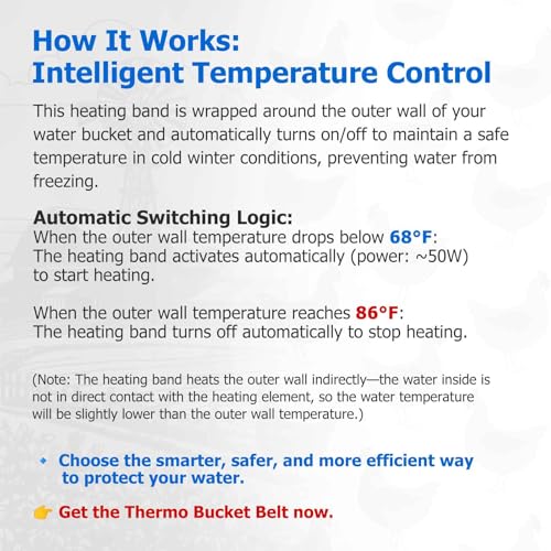 Chicken Water Heater for Winter, 50 Watt Thermo Bucket Belt Heated Strap Fits Most 2-5 Gal Buckets (Turn on Below 68°F and Off at 86°F)
