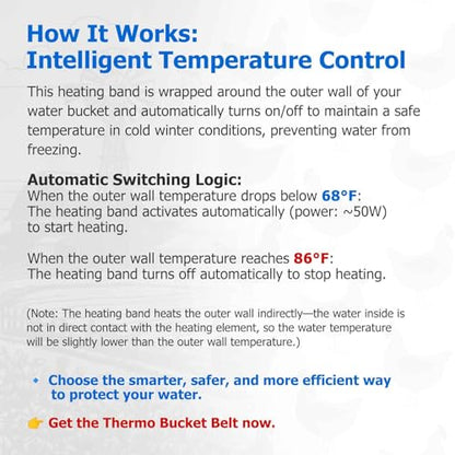 Chicken Water Heater for Winter, 50 Watt Thermo Bucket Belt Heated Strap Fits Most 2-5 Gal Buckets (Turn on Below 68°F and Off at 86°F)