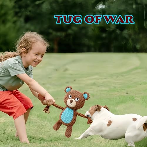 Plush Bear Dog Toy with Rope Arms, Squeaky Interactive Pet Toy, Brown and Blue, for Small & Medium Dogs - color: Brown