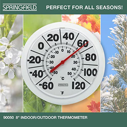 Springfield Indoor Outdoor Big and Bold Dial Thermometer, Wireless Thermometer with Easy to Read Large Numbers for Patio, Pool, and Indoor Areas, 8-Inch, White