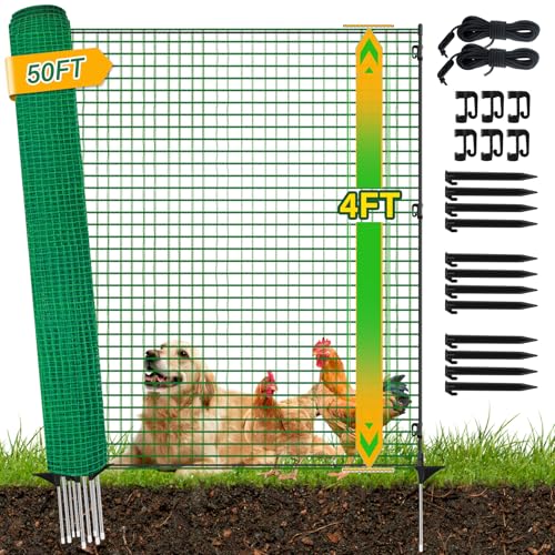 4x50FT Temporary Fence with Posts,Plastic Garden Safety Fence with 9 Fiberglass Stake,Windbreak Rope,Ground Peg,Temporary Fence for Backyard Outdoor Animal Protect,Temporary Dog Fence Outdoor - size: 4x50FT