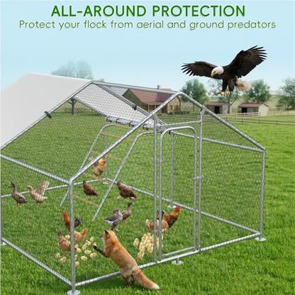 Large Metal Chicken Coop with Roosting Perch, Waterproof and UV-Resistant Cover,Outdoor Walk-in Cage Hen House for Yard Farm Rabbit Duck Chicken Run Spire Roof (10’ W x 13.2’ L x 6.4’ H)