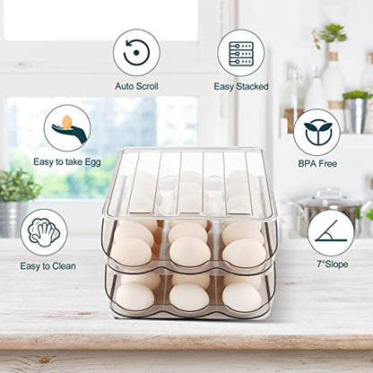 MesRosa Egg Holder for Fridge, Automatically Rolling Egg Storage Container for Refrigerator,Large Capacity Egg Organizer for Fridge with Lid,Clear Plastic Dispenser, Tray & Bin -2 Layer - size: 2 Layers Holder 36 Eggs