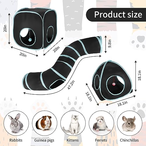 YUEPET Rabbit Tunnel and Cube Collapsible Tent Bunny Interactive Crinkle Tunnel Toys Small Animal Hideout with Play Ball for Dwarf Rabbit Bunny Guinea Pig (Blue Black) - color: Black Blue