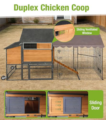 GUTINNEEN Large Metal Chicken Coop with Run, Large Wooden Chicken House with Iron Frame, Weatherproof Roof, Hen House with Pull-Out Tray, Non-Slip Ramp, Ventilation Windows, 85" L - size: 85.6"L x 40.6"W x 48.2"H