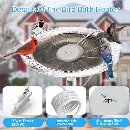 Bird Bath Heaters for Outdoors in Winter, Upgrade 10ft Cord 80w Birdbath Water Heater for Thermostatically Control, Bird Bath Pond Deicer Full-Covered Aluminum for Heated Chicken Duck Farm Trough