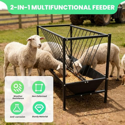 45 Gallons Heavy Duty Hay Feeder with 25 Gallon Feed Tray, Surface Galvanizing Treatment Goat Hay Feeder, Non Deformed Livestock Shelter, Quick Assembly Hay Feeder for Cows, Goats, Horses, Pigs