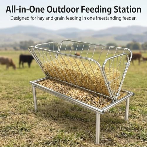 Galvanized Steel Hay Feeder, 2 in 1 Outdoor Livestock Feeder with Extra Wide Feed Pan, Durable Pasture Feeder for Goats Sheep Horses Calves Cows Ponies