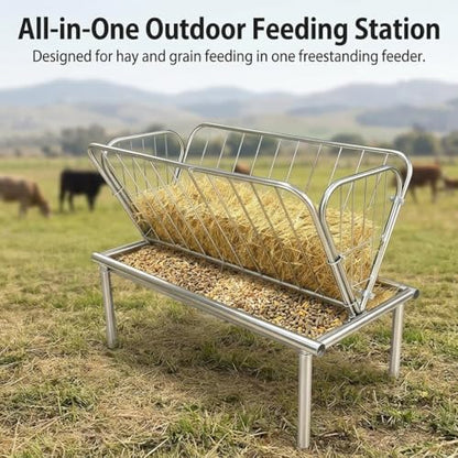 Galvanized Steel Hay Feeder, 2 in 1 Outdoor Livestock Feeder with Extra Wide Feed Pan, Durable Pasture Feeder for Goats Sheep Horses Calves Cows Ponies