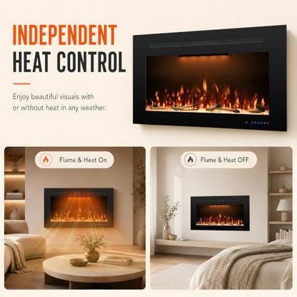 27.1" W Rear Electric Fireplace Inserts with Thermostat, Recessed Fireplace Heater with 3 Flame & Top Light Color, 750/1500W, Crackling Sound, Logs & Crystals, Timer, No Wall Mount - size: 30"W25"H