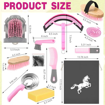 Abbylike 12 Pieces Horse Grooming Kit Racing Festival Tack Room Supplies Horse Brush Sets Equine Care Cleaning Kit Shedding Grooming Massaging Tools(Pink and Grey) - color: Gray