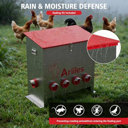 100lb Automatic Chicken Feeder with 6 No-Waste Ports, Metal Poultry Feeder with Elevated Stand & Weatherproof Lid, Large Feed Dispenser for Chickens, Ducks & Backyard Poultry - size: 100 LB
