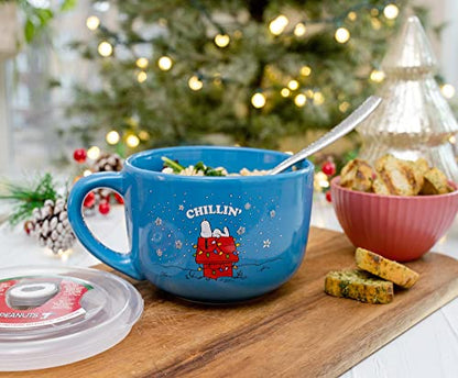 Silver Buffalo Peanuts Snoopy Chillin Ceramic Soup Mug Bowl With Vented Lid For Ice Cream, Cereal, Beverages | Holds 24 Ounces