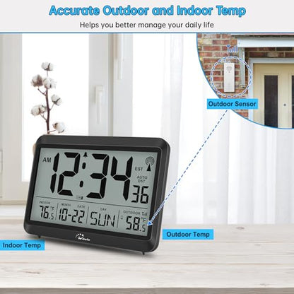 WallarGe Atomic Clock with Indoor Outdoor Temperature - 8.5'' Digital Clock Battery Operated, Self-Setting, 4 Time Zones, DST - size: 8.5 INCH