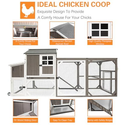 PetsCosset 95.3" L Portable Chicken Coop Tractor Hen House with Nesting Box,Chicken Coops Chicken House,2 Story Wooden Indoor Outdoor Poultry Cage for 3-5 Chicken with 6 Access,Pull-Out Tray,Grey - size: 95.3" L - Grey