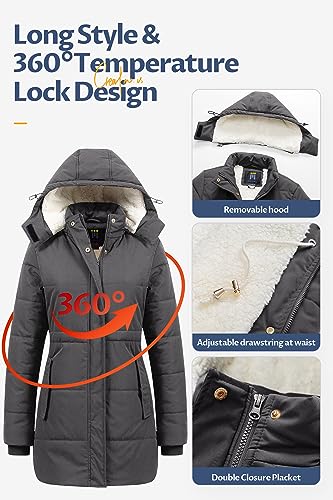 CREATMO US Women's Thicken Sherpa Winter Coat Puffy Warm Snow Jacket With Removable Hood - color: Dark Grey, size: XX-Large