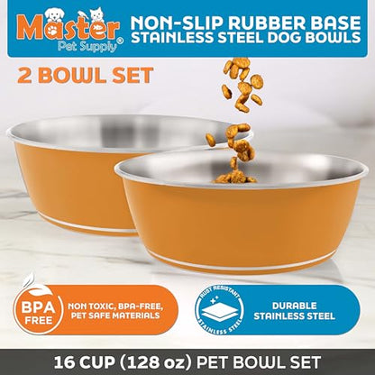 Master Pet Supply Stainless Steel Dog Bowls Set of 2 (128 Oz Each) with Non-Slip Rubber Base - Mango Tango - Basic Dog Food Bowl Water & Food Bowls for Small Medium Large Dogs & Cats, Metal Dish - color: Mango Tango, size: 16 Cups (128 oz) 2 Pack