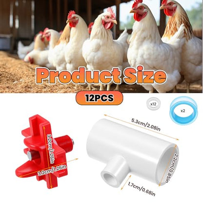 12 pcs Horizontal Chicken Water Nipples with 1/2'' PVC Tee Fittings Mount Poultry Auto Chicken Waterer Nipple Drinker for Ducks Quail and Other Poultry DIY Automatic Waterering System
