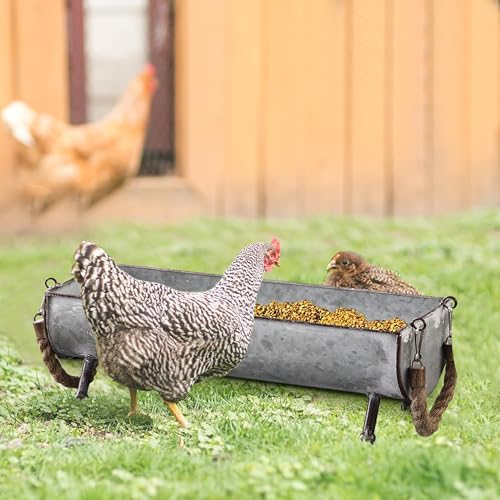 SOFE Poultry Feeder Galvanized Metal Chicken Feeder Set of 2, Farmhouse Chicken Picnic Table Feeder, Chicken Planter, Decorative Galvanized Tray Trough Shaped, 15 and 13 Inches Long