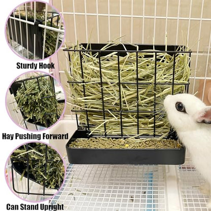 Rabbit Hay Feeder Guinea Pig Hay Holder with Hook Heavy-Duty Metal,Internal Sloping Design，Hay Feeder for Bunny,Rabbit，Chinchillas,Comes with Two Multifunctional Zippers - color: black, size: Large