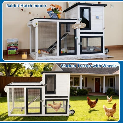 Rabbit Hutch Indoor Outdoor Bunny Cage, Weather Resistant Openable Roof, Slide Out Tray, Handle & Rolling Wheels, Chicken Coop, 48.05" L x 26.02" W x 34.3" H, White - color: White