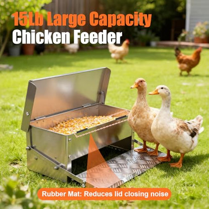 Chicken Feeder No Waste Rat Proof Automatic Treadle Feeder 15 Lbs | Poultry Feeder,Stainless Steel Material,Heavy Duty,With Lid & Legs,Weatherproof,Rainproof,Used for Outdoor & Chicken Coop