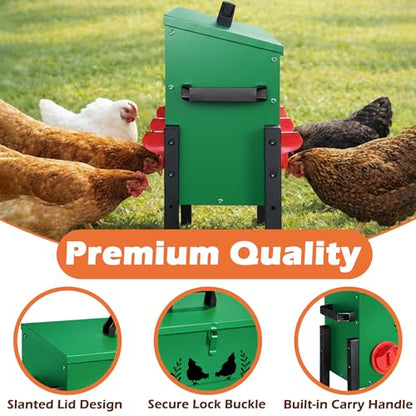30 LB Large Automatic Chicken Feeder, No Waste Metal Poultry Feeder with 8 Ports, Weatherproof Outdoor Dispenser with Adjustable Legs & Locking Lid for Backyard Chickens, Green