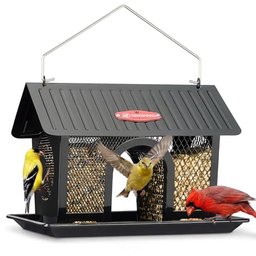 Kingsyard Bird Feeder for Outdoors Hanging, Dual-Use Metal Mesh Wild Bird Feeders with Seed Tray & Weatherproof Roof, 3 lbs Large Capacity, Black - color: Black