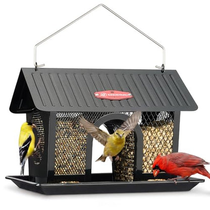 Kingsyard Bird Feeder for Outdoors Hanging, Dual-Use Metal Mesh Wild Bird Feeders with Seed Tray & Weatherproof Roof, 3 lbs Large Capacity, Black - color: Black