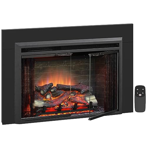 PuraFlame Klaus 33" x 21" Electric Fireplace Insert with Trim Kit, Fire Crackling Sound, Resin Log, Glass Door and Mesh Screen, 750/1500W Heater, Black - size: 33" Low with Trim