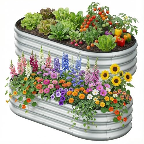2PCS 4x2x1 FT Oval Metal Raised Garden Bed Kit, Open Bottom Design Elevated Garden Planter Box Outdoor, Trough Planter for Outdoor Plants, Flower, Vegetables, Fruit, Herbs (Silver) - color: Silver, size: 4×2×1 FT (2PCS)