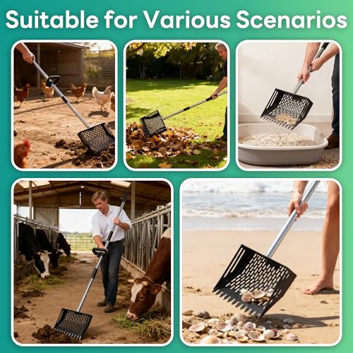 Oture Chicken Poop Scooper & Rake 2-in-1, Metal Chicken Coop Scoop Shovel for Poop, 24 to 66'' Adjustable Handle Litter Scooper Sand Sifting Shovel for Coops/Goat Stall/Farm Animals