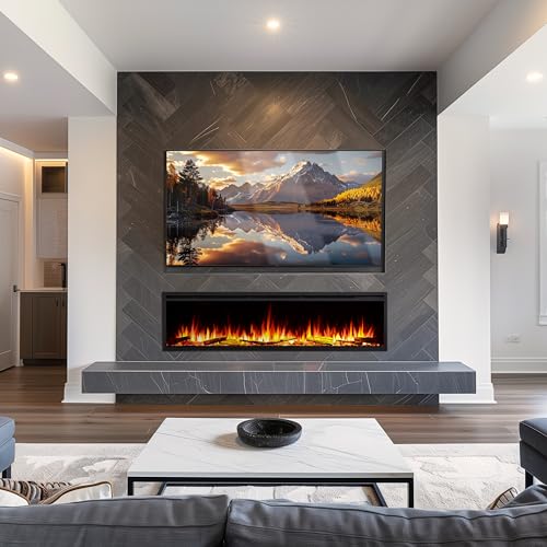 LegendFlame 72" W Smart Wall Mount & in Wall Recessed Electric Fireplace Insert, Heater 750W/1500W, Multi Colors of Flame & Fuel Bed, Alexa/Google Assistant Enabled - size: 72" DEEP
