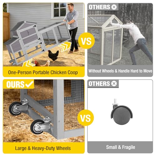 Aivituvin Large Chicken Coop with Wheels, Outdoor Hen House Mobile Poultry Cage with Run, Weatherproof Asphalt Roof, Sectionable Nesting Box, Leakproof Pull-Out Tray for 4-6 Chickens - Grey - size: 80.7"L x 22.0"W x 44.1"H