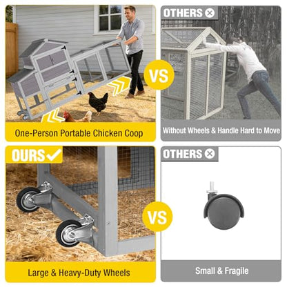 Aivituvin Large Chicken Coop with Wheels, Outdoor Hen House Mobile Poultry Cage with Run, Weatherproof Asphalt Roof, Sectionable Nesting Box, Leakproof Pull-Out Tray for 4-6 Chickens - Grey - size: 80.7"L x 22.0"W x 44.1"H