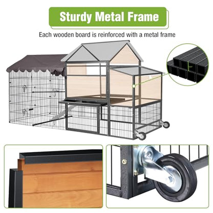 GUTINNEEN Large Chicken Coop with Metal Frame, Mobile Hen House with Wheels, Portable Poultry Cage with Run, Nesting Box, Waterproof Cover for 4-6 Chickens, Ducks - size: 85.6"L x 40.6"W x 48.2"H